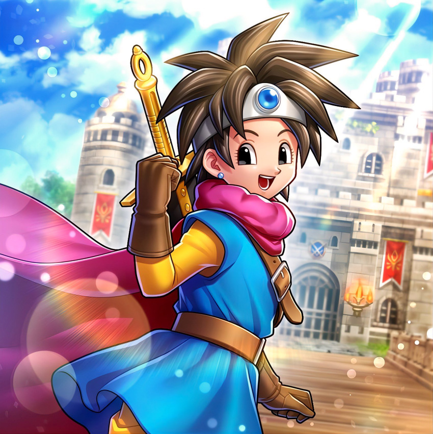 1girl, artist_request, black_eyes, blue_sky, blue_tunic, bridge, brown_gloves, brown_hair