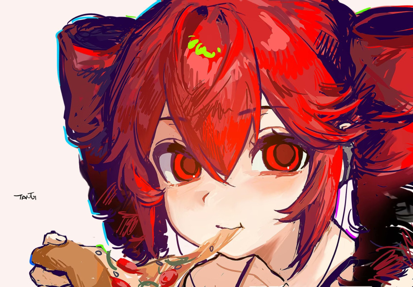 1girl, cheese_trail, closed_mouth, drill_hair, eating, food, highres, holding