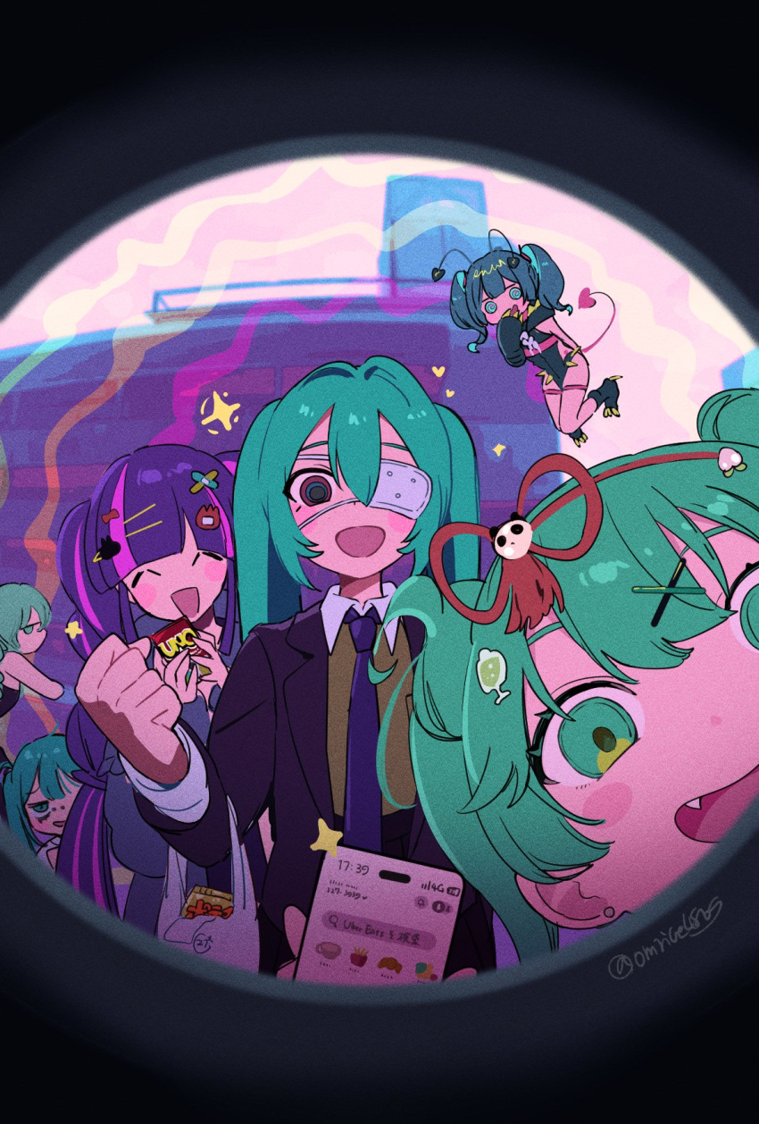 6+girls, ^_^, aitai_seijin_(vocaloid), antennae, aqua_eyes, aqua_hair, blue_hair, blush_stickers