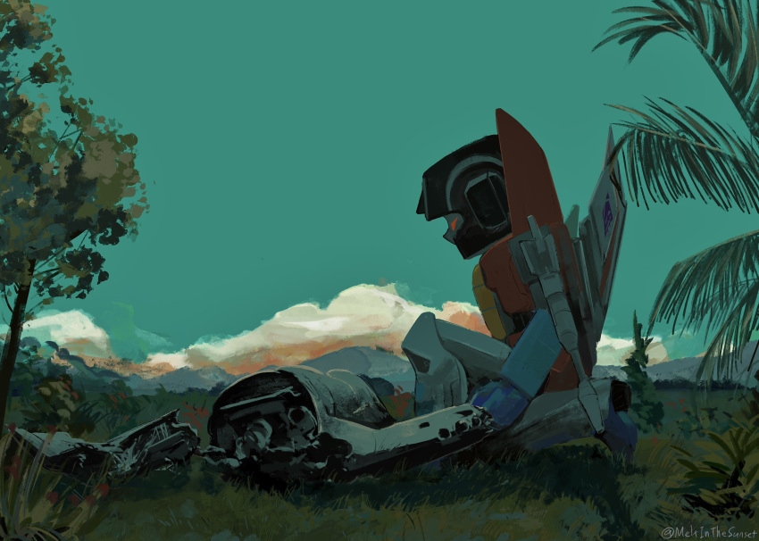 1boy, absurdres, arm_cannon, broken, green_sky, highres, humanoid_robot, male_focus, mecha, mecha_focus, meltinthesunset, no_humans, on_grass, on_one_knee, outdoors, red_eyes, robot, sky, starscream, starscream_(transformers_one), transformers, transformers_one, tree, twitter_username, weapon