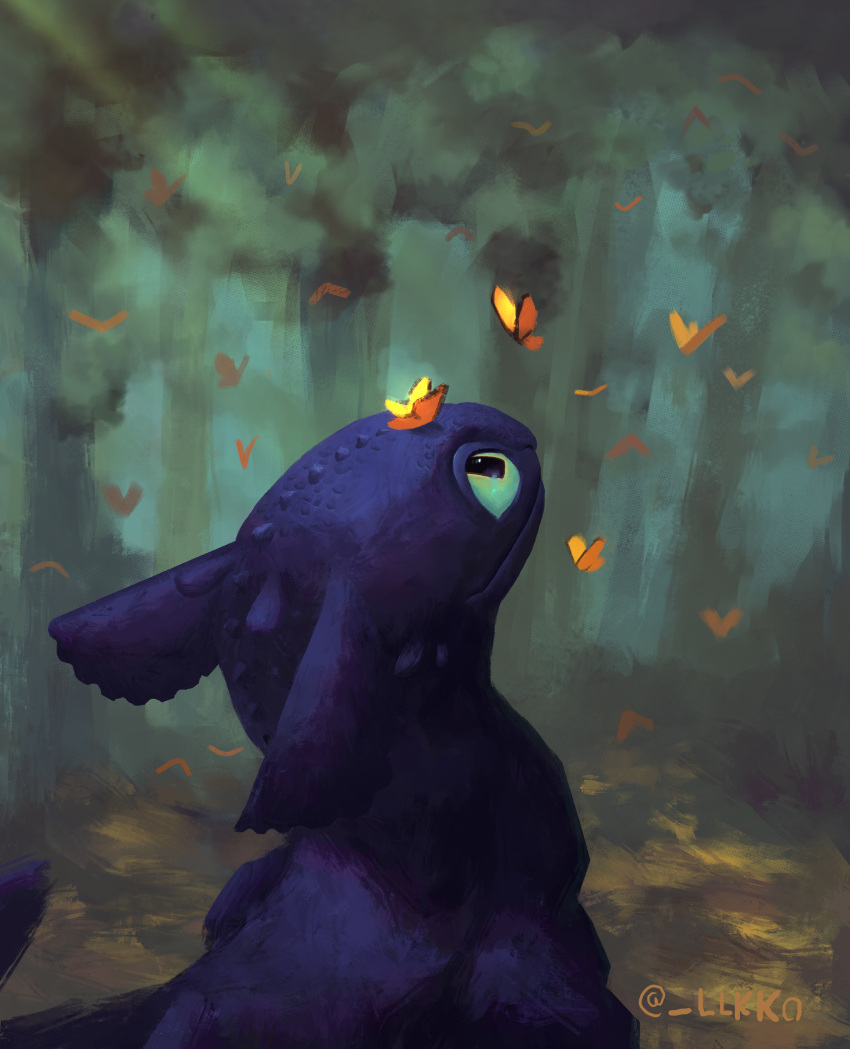 1boy, absurdres, artist_name, black_scales, bug, butterfly, butterfly_on_head, dragon