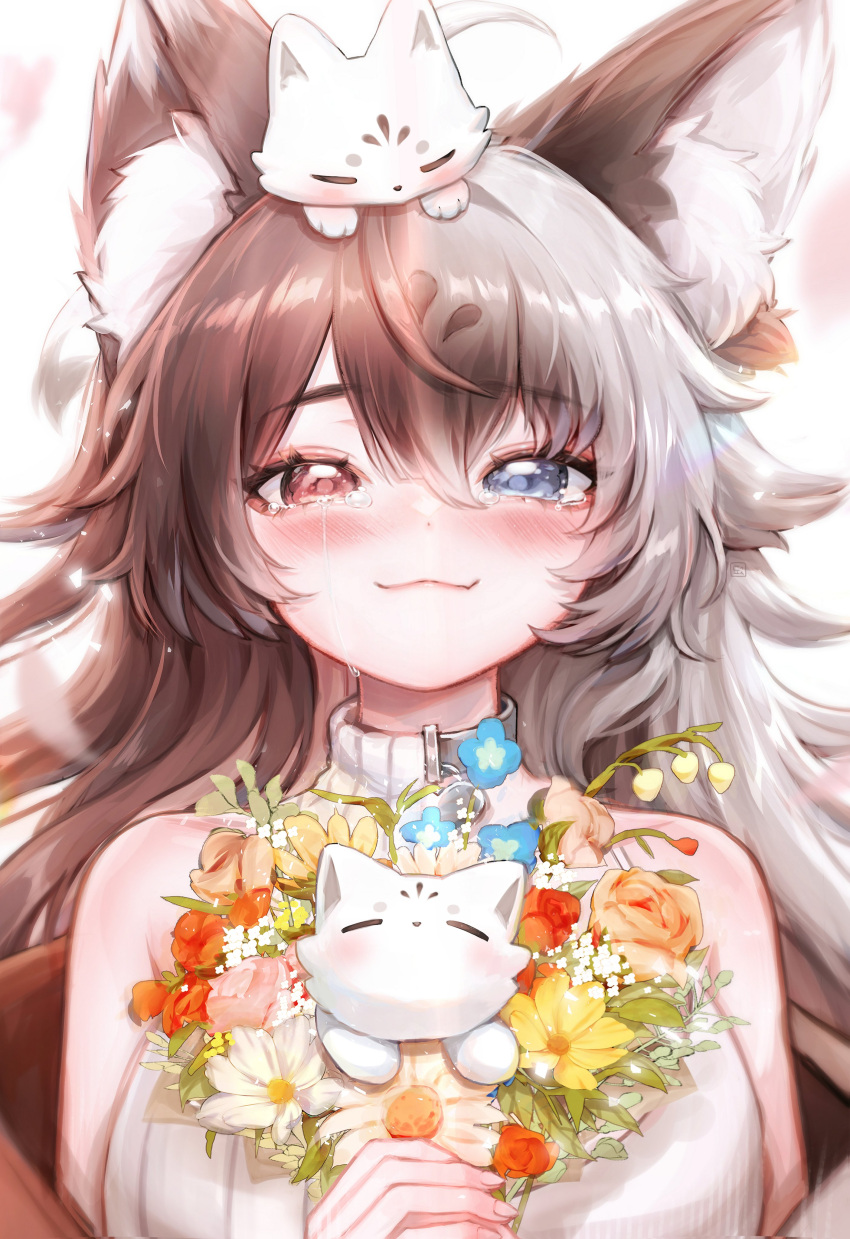 1girl, :3, absurdres, animal_ear_fluff, animal_ears, animal_on_head, blue_eyes, blush