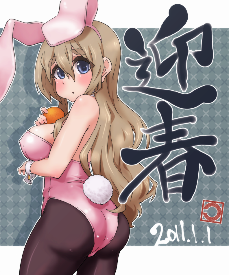 2011, animal_ears, ass, blonde_hair, blue_eyes, blush, breasts, bunny_ears