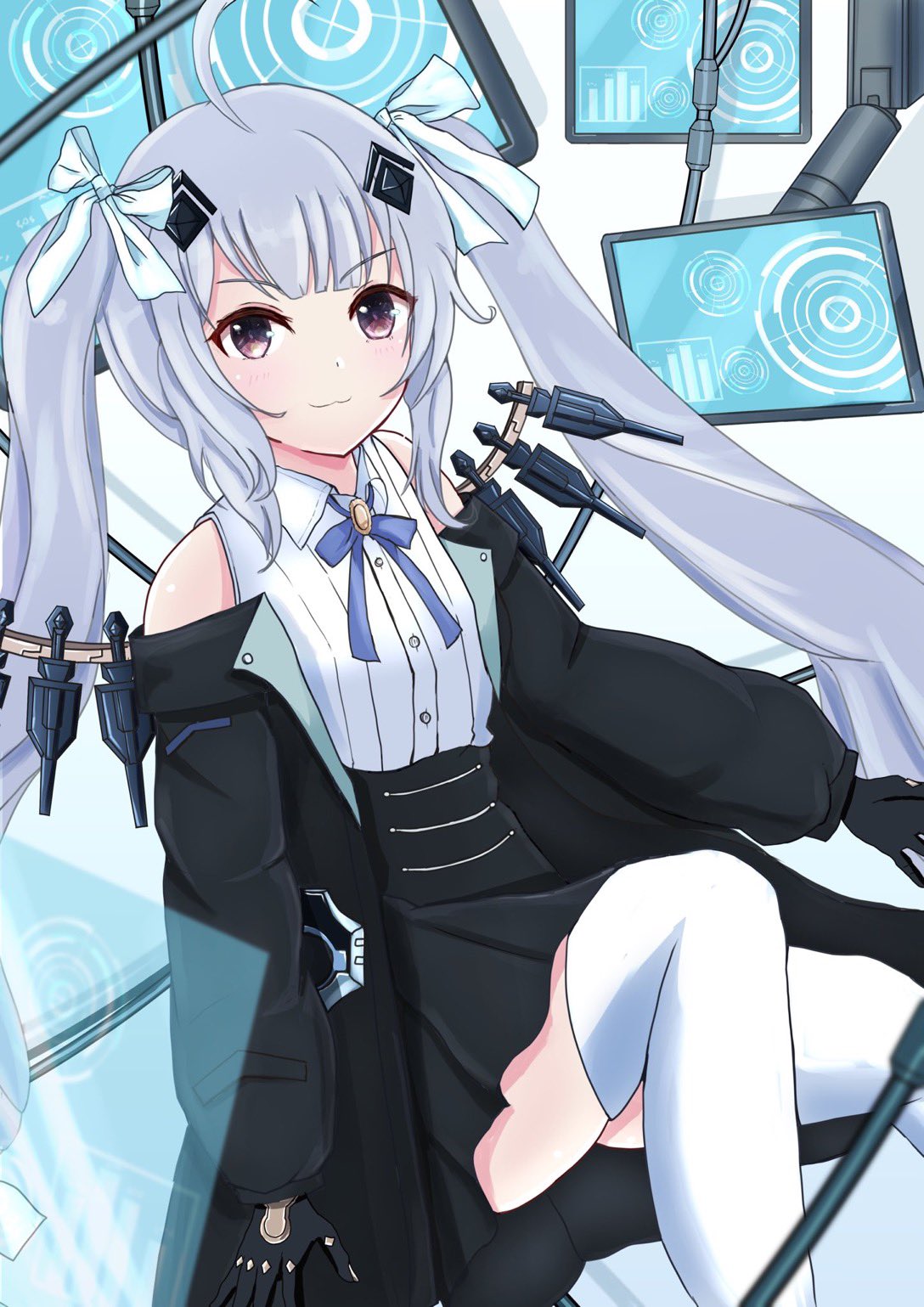 >:), 1girl, arm_at_side, assault_lily, black_gloves, black_jacket, black_skirt, blue_ribbon
