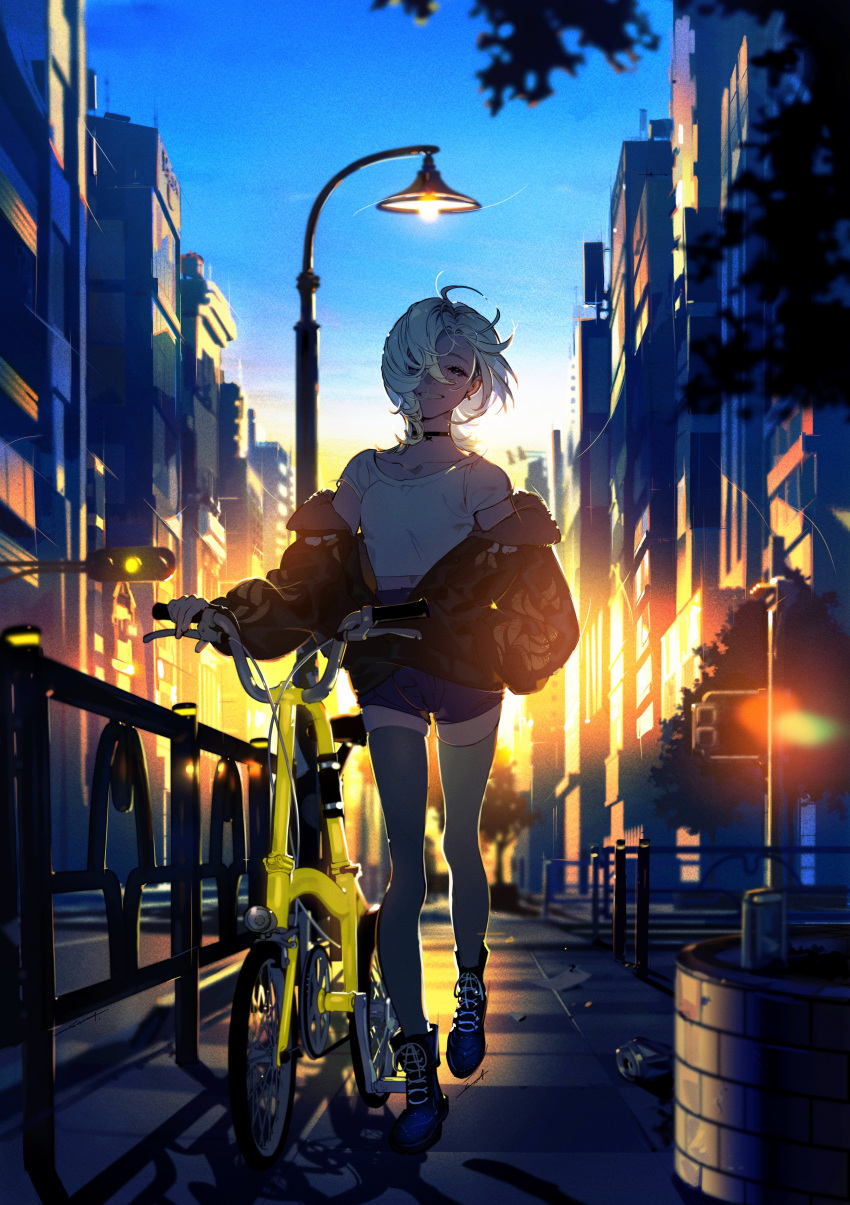 1girl, absurdres, backlighting, bicycle, black_choker, black_footwear, black_jacket, blonde_hair