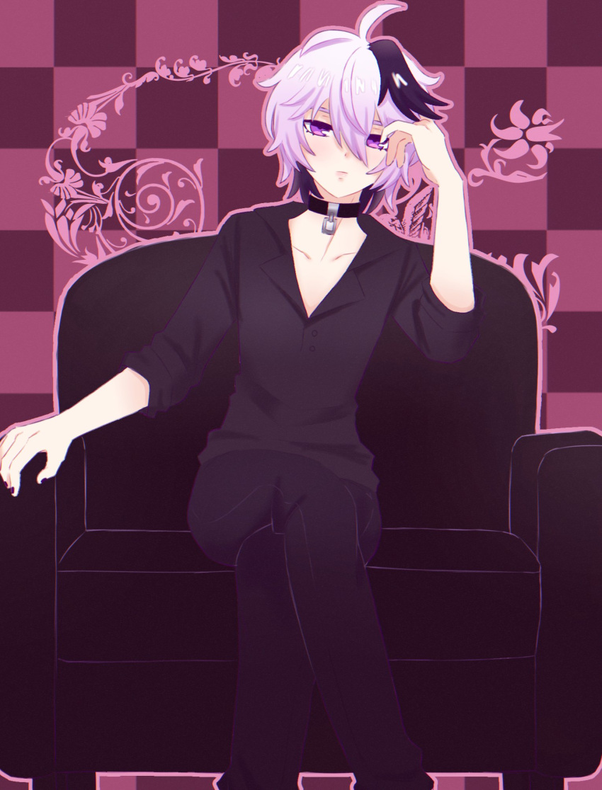 1girl, androgynous, bass_clef, black_nails, black_pants, black_shirt, checkered_background, choker