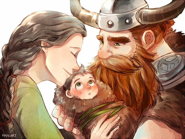 1girl, 2boys, artist_name, beard, big_nose, black_hair, blush, braid