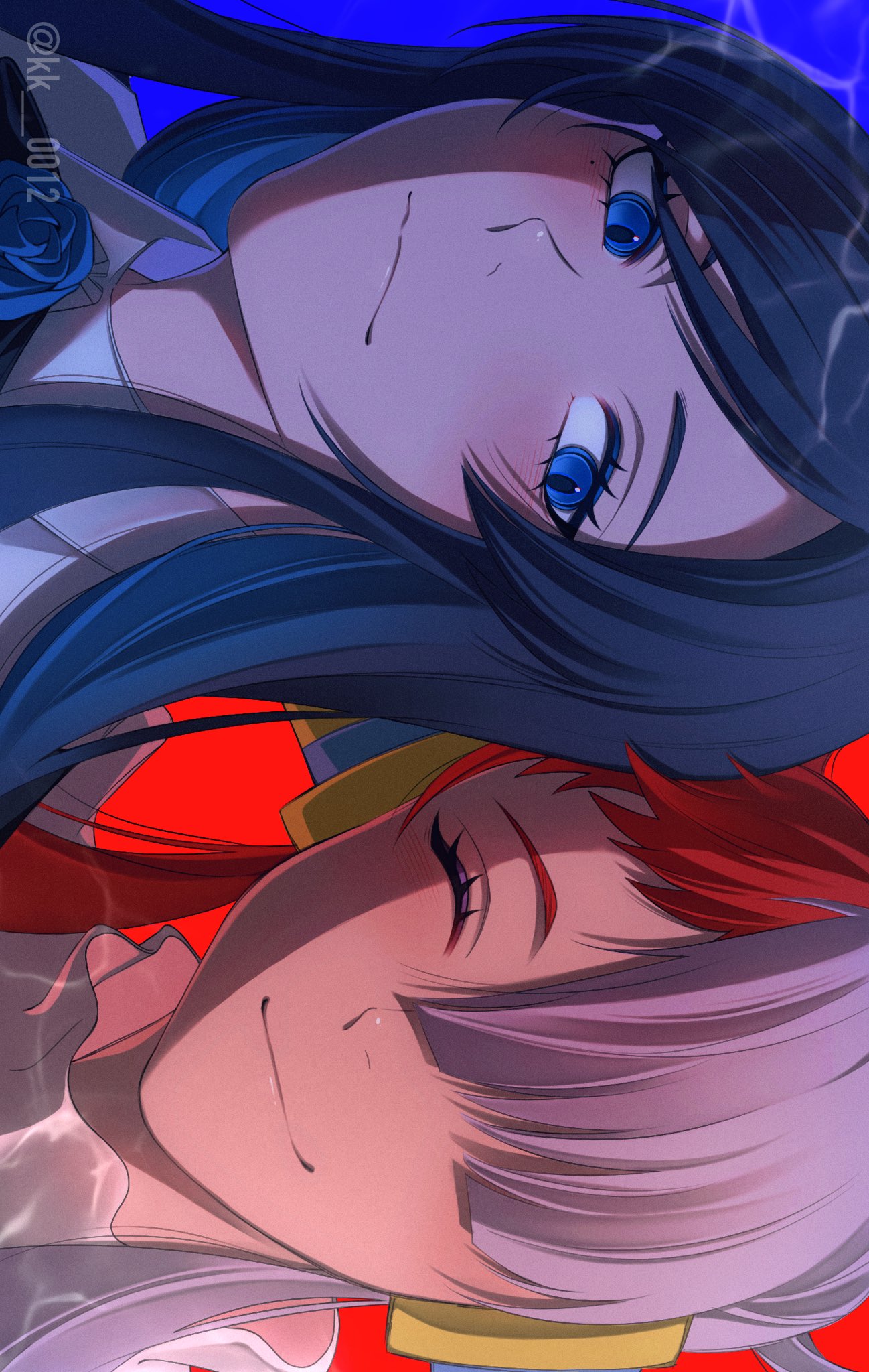 2girls, ^_^, ado_(utaite), behind-the-head_headphones, blue_background, blue_eyes, blue_hair, blush