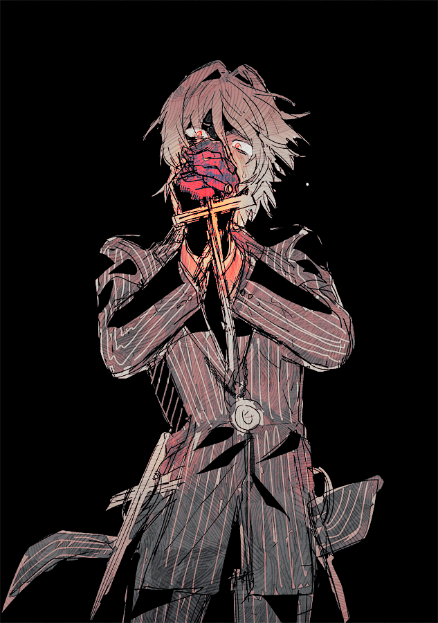 1boy, ane_am, antonio_salieri_(fate), antonio_salieri_(second_ascension)_(fate), black_background, black_jacket, black_pants, cowboy_shot