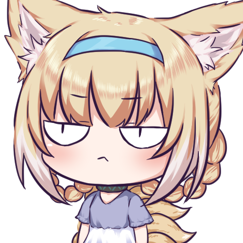 1girl, :<, animal_ear_fluff, animal_ears, arknights, blonde_hair, blue_hairband, blue_shirt, blush, braid, braided_hair_rings, closed_mouth, commentary, english_commentary, fox_ears, fox_girl, fox_tail, hair_rings, hairband, infection_monitor_(arknights), kitsune, kyuubi, lowres, multiple_tails, rla13753, shirt, short_hair, short_sleeves, simple_background, skirt, solo, suzuran_(arknights), tail, transparent_background, white_skirt