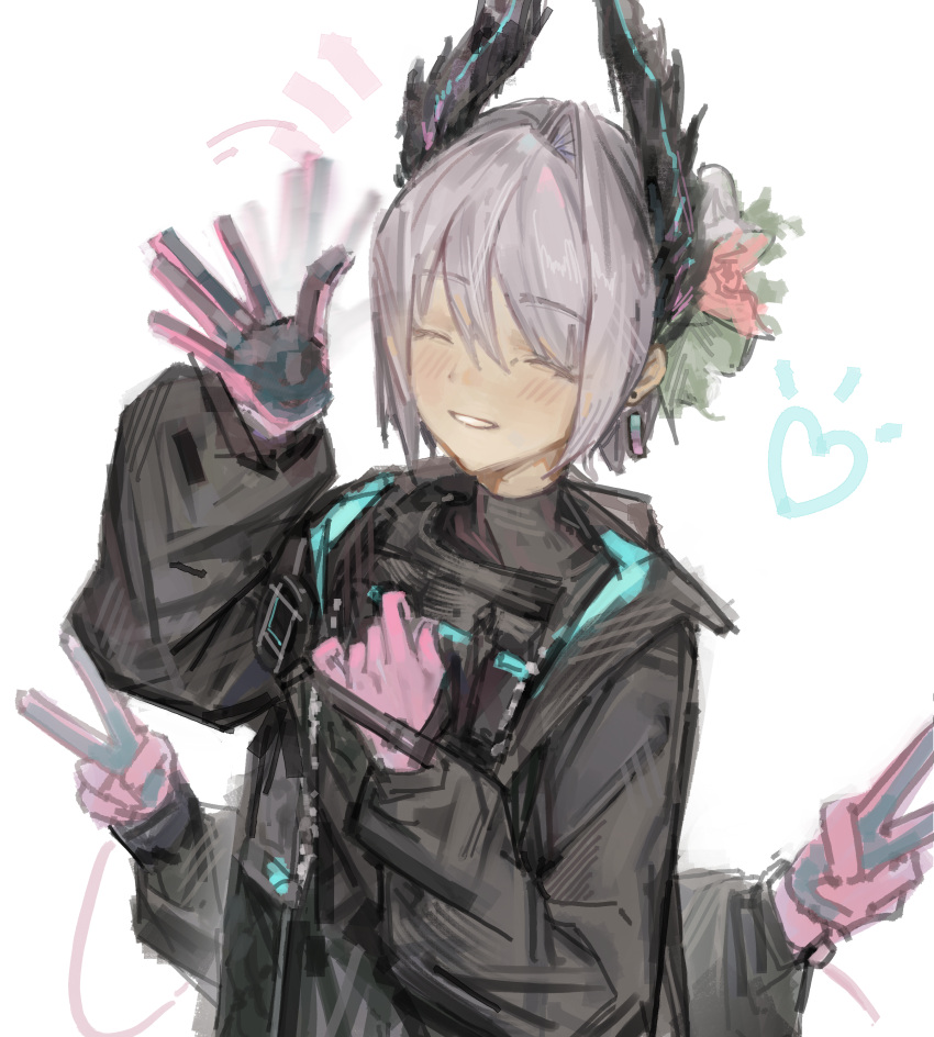 1girl, absurdres, arknights, bird_girl, black_gloves, black_jacket, closed_eyes, double_v
