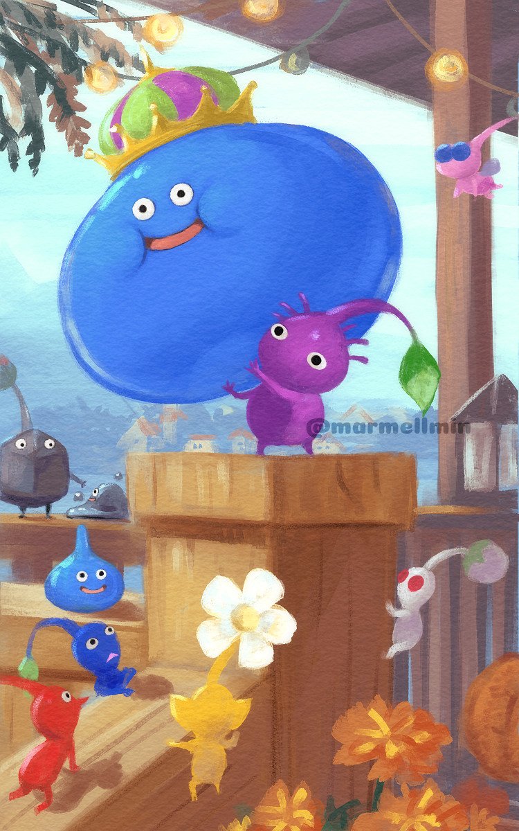 all_fours, artist_name, blue_pikmin, commentary_request, crossover, crown, dragon_quest, flying