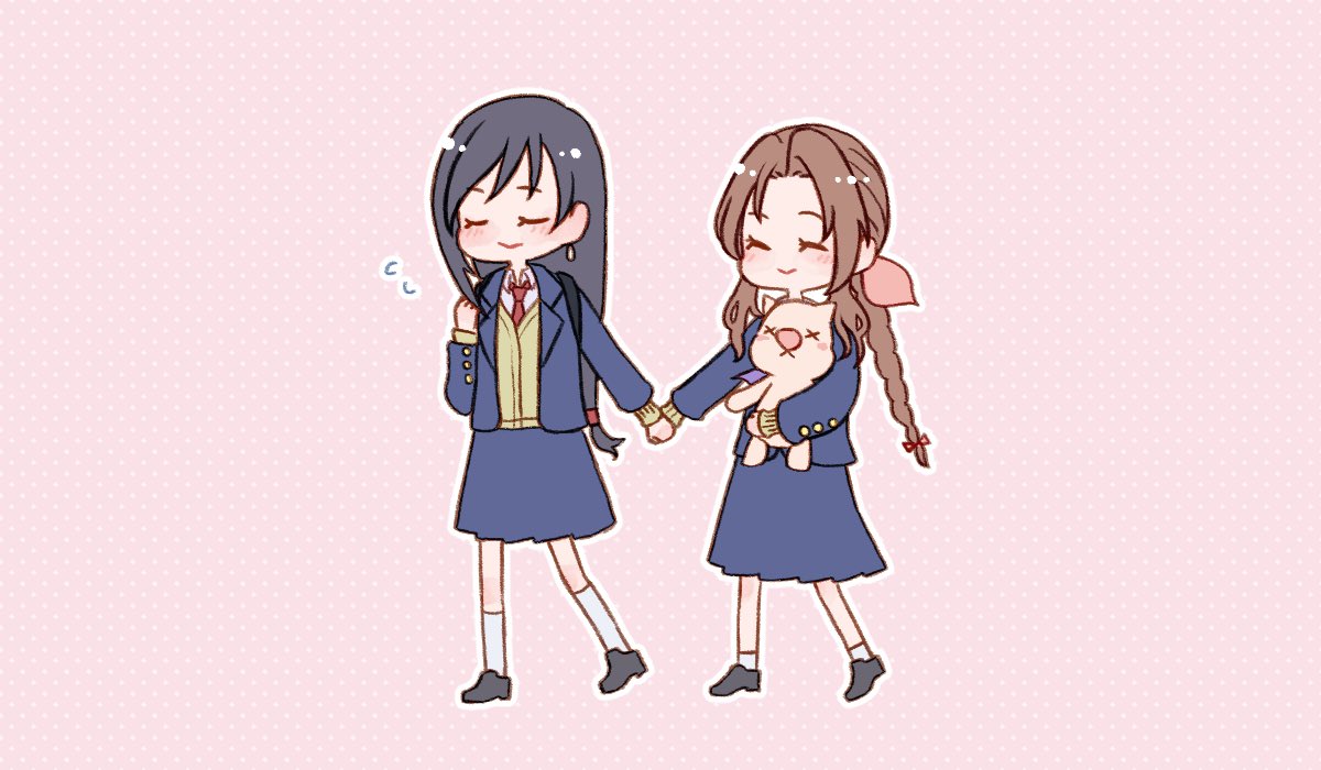 2girls, aerith_gainsborough, backpack, bag, black_footwear, black_hair, blue_jacket, blue_skirt