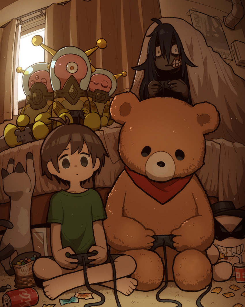 1boy, 1girl, 3others, alien, animal, bandana, bed, bedroom, black_shorts, can, candy, candy_wrapper, carpet, cat, colored_skin, controller, cup, curtains, disposable_cup, drink_can, eating, food, game_controller, ghost, green_shirt, grey_skin, hair_between_eyes, highres, holding, holding_controller, holding_game_controller, indian_style, indoors, large_teddy_bear, light_particles, long_hair, mouse_(animal), multiple_others, on_bed, on_floor, one-eyed, original, playing_games, red_bandana, shirt, short_hair, shorts, sitting, spacesuit, stuffed_animal, stuffed_toy, t-shirt, takurada, teddy_bear, teeth, under_covers, window, wrapped_candy