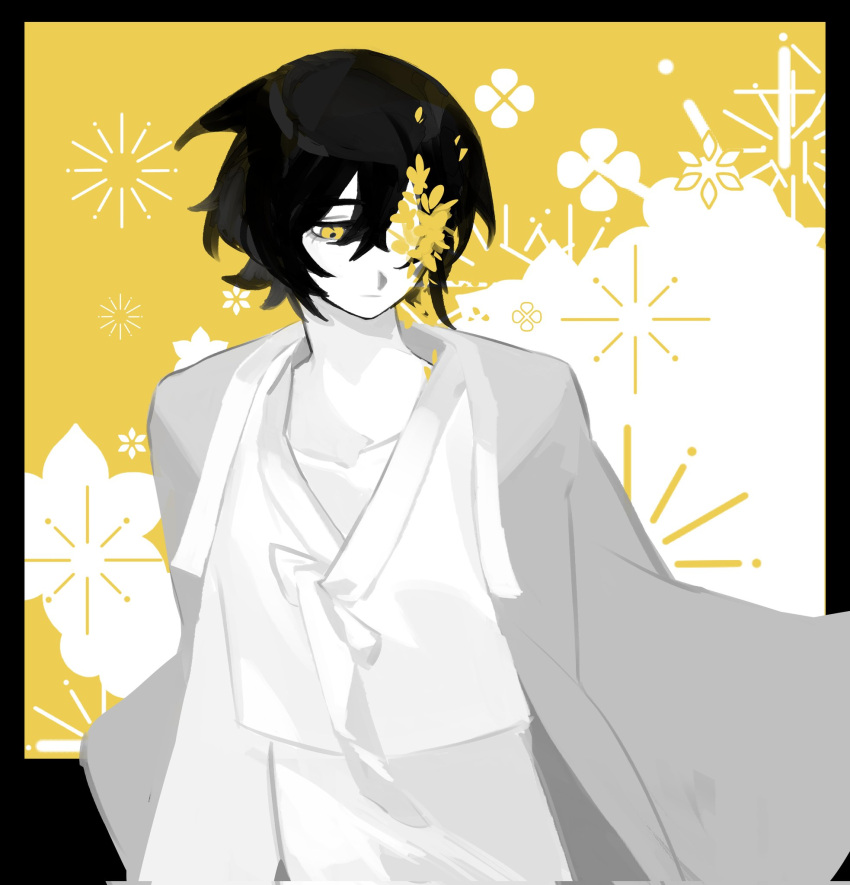 1boy, black_border, black_hair, border, closed_mouth, corrupted_twitter_file, e.g.o_(project_moon), flower