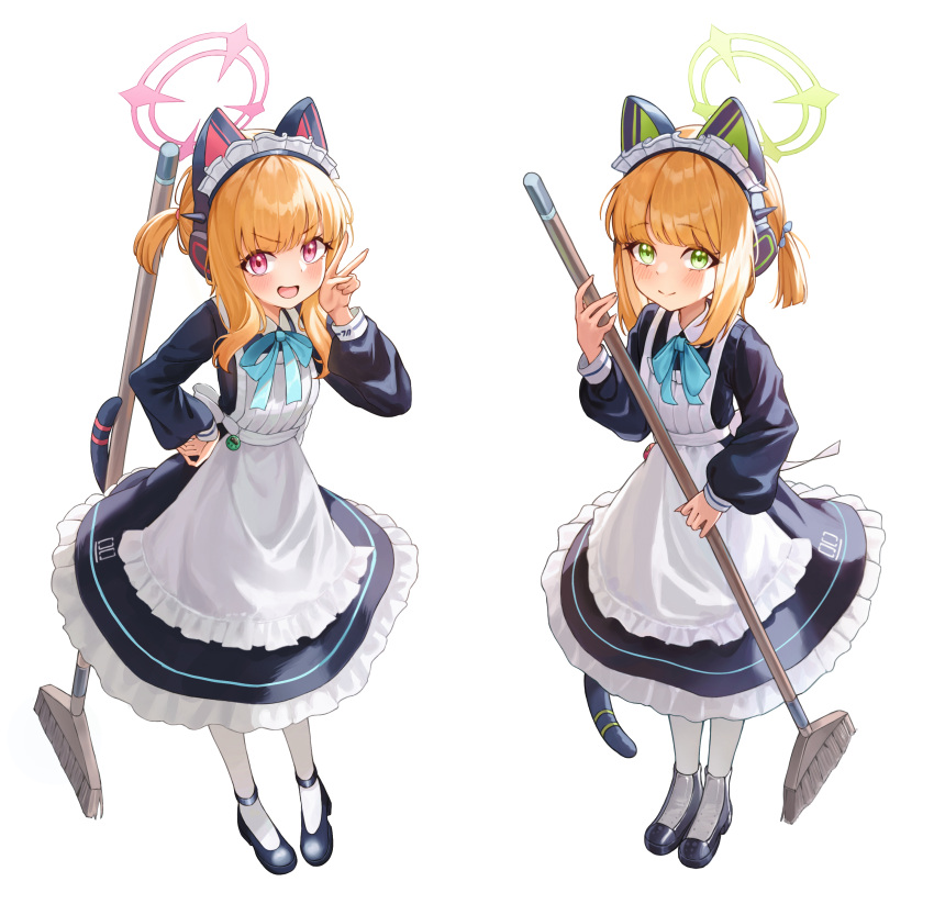 2girls, absurdres, animal_ear_headphones, animal_ears, apron, black_dress, black_footwear, blonde_hair