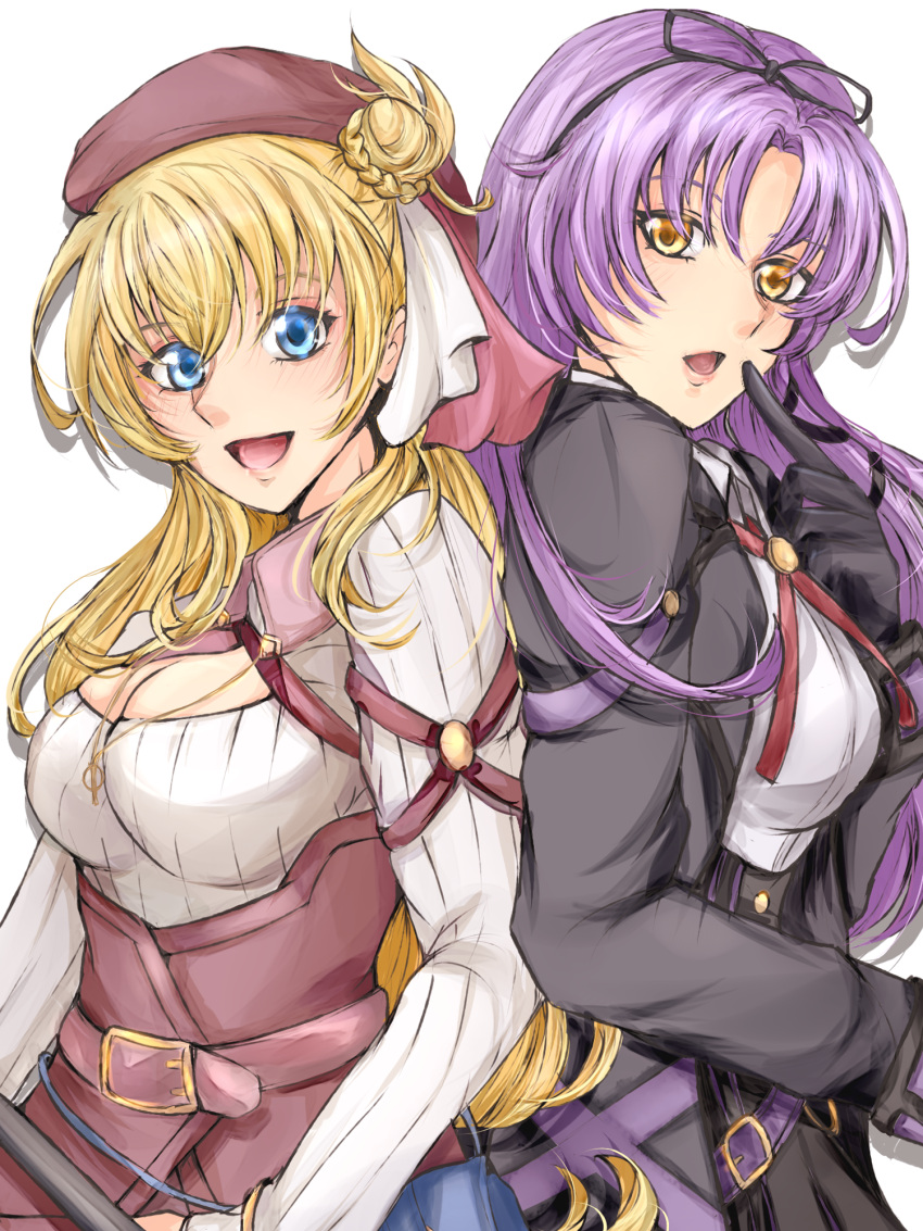 2girls, agnes_claudel, back-to-back, beret, black_gloves, blonde_hair, blue_eyes, bolo_tie