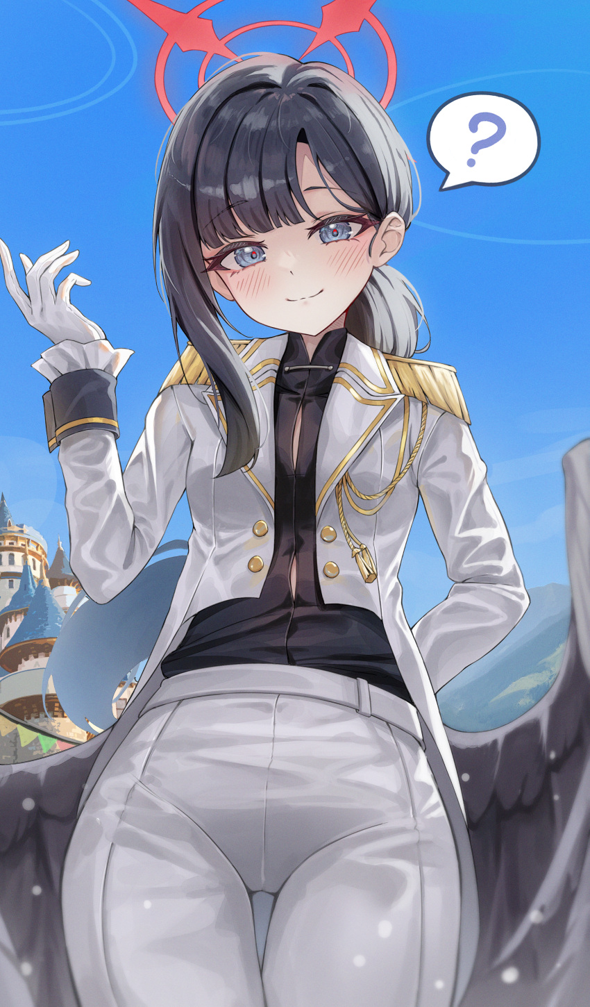 1girl, ?, absurdres, black_hair, black_wings, blue_archive, closed_mouth, coat