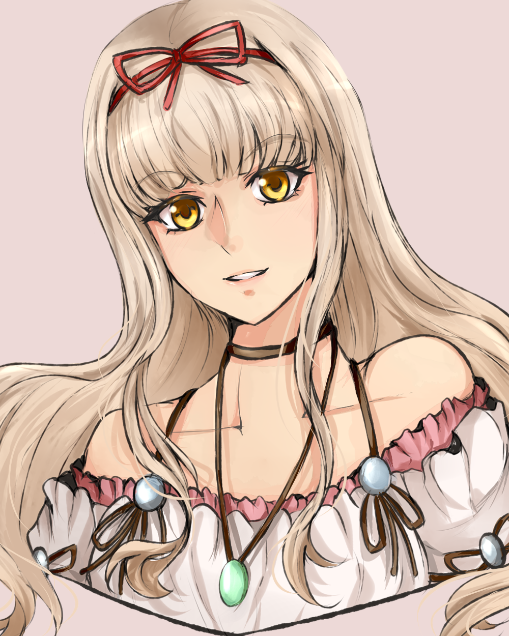 bare_shoulders, blonde_hair, blunt_bangs, bow, dress, frilled_dress, frills, gensou_suikoden