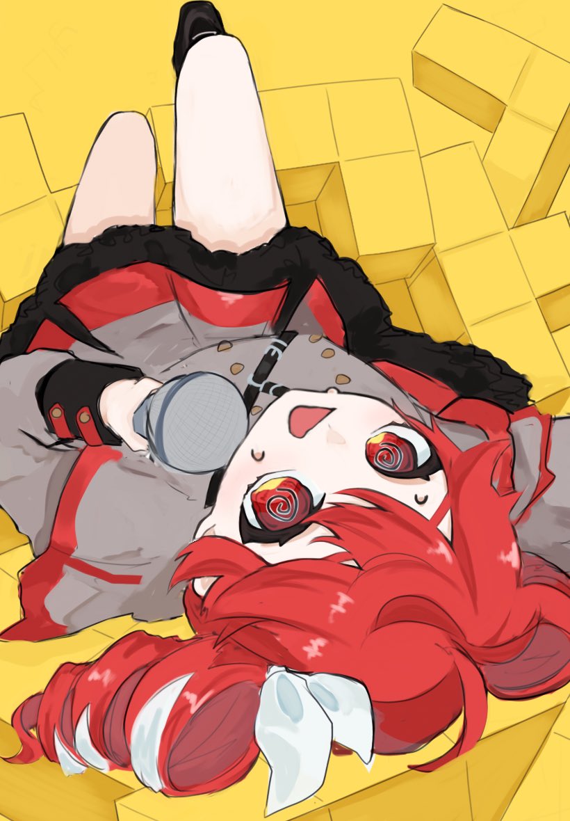 1girl, @_@, ahoge, belt, black_belt, bow, buttons, double-breasted, double-parted_bangs, drill_hair, flat_chest, grey_jacket, grey_skirt, hair_between_eyes, hair_bow, hair_ribbon, holding, holding_microphone, jacket, kasane_teto, kasane_teto_(sv), layered_skirt, looking_at_viewer, looking_up, microphone, open_mouth, puyopuyo, puyopuyo_tetris, red_skirt, red_trim, redhead, ribbon, sega, shoulder_belt, simple_background, skirt, skirt_set, solo, sweatdrop, synthesizer_v, tetoris_(synthesizer_v), tetris, twin_drills, twintails, uparupa_04, utau, vocaloid, white_bow, white_ribbon, yellow_background