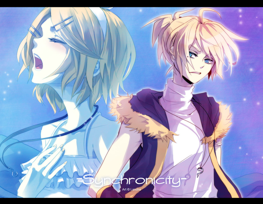 blonde_hair, blue_eyes, brother_and_sister, coat, dress, hairclip, hand_on_chest, kagamine_len