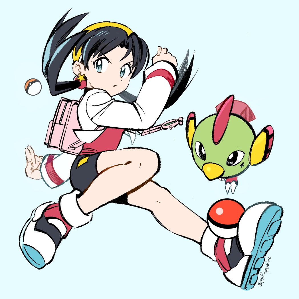1girl, backpack, bag, bird, blue_background, blue_eyes, blue_hair, claws, crystal_(pokemon), full_body, jacket, jewelry, natu, necklace, pink_bag, poke_ball, poke_ball_(basic), pokemon, pokemon_(creature), pokemon_adventures, ponkinoponkino, red_shirt, shirt, shorts, simple_background, twintails, twitter_username, white_jacket