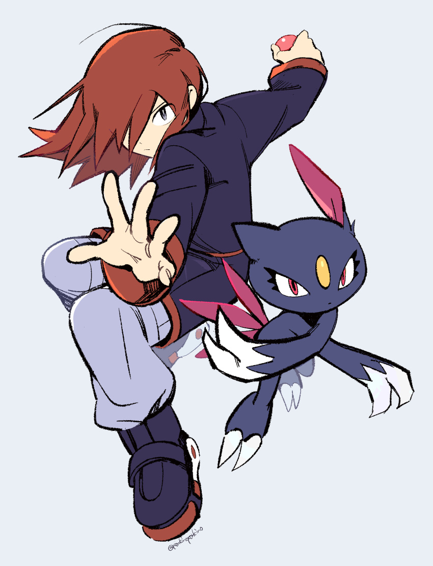 1boy, black_jacket, claws, full_body, grey_eyes, highres, holding, holding_poke_ball, jacket, long_hair, looking_at_viewer, male_focus, poke_ball, poke_ball_(basic), pokemon, pokemon_(creature), pokemon_adventures, ponkinoponkino, red_eyes, redhead, silver_(pokemon), simple_background, sneasel