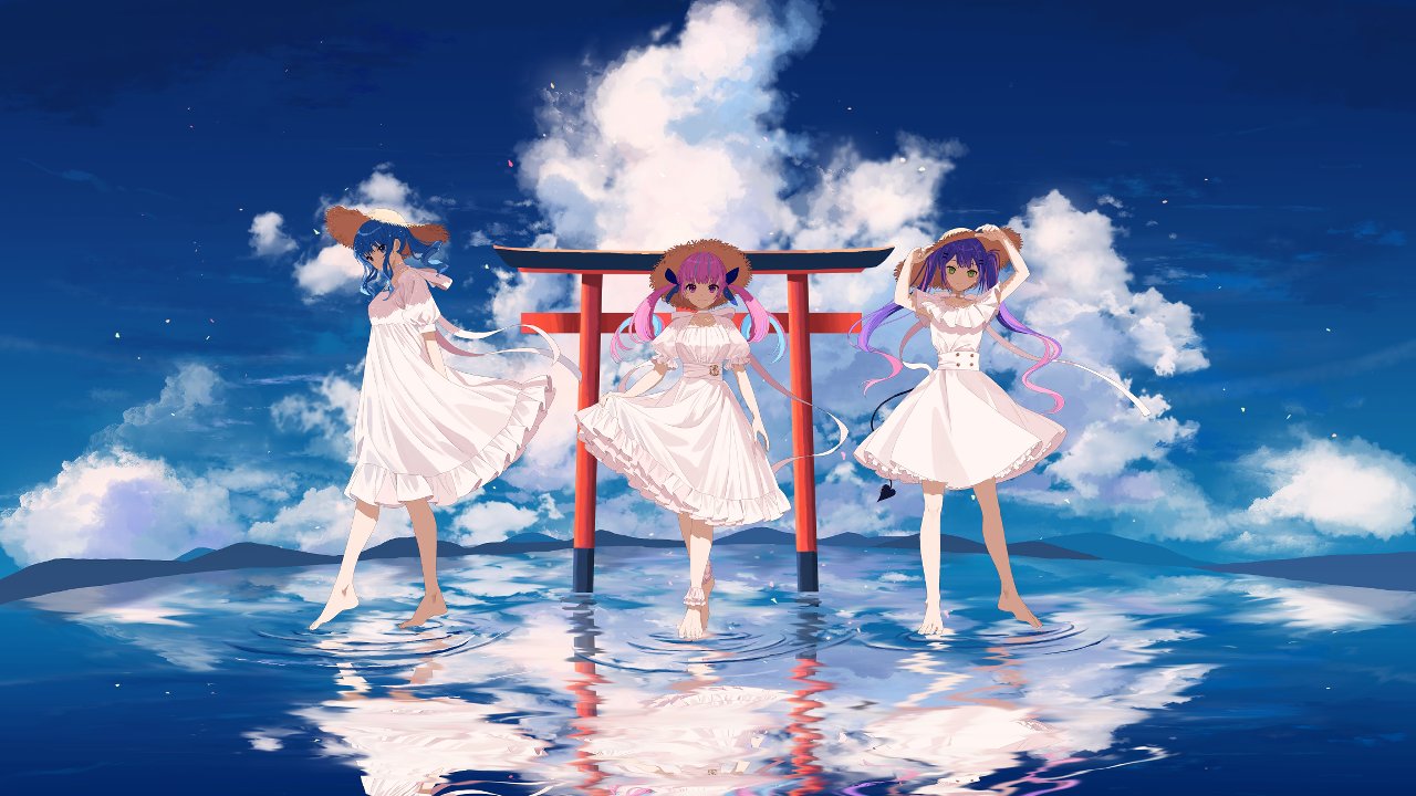 3girls, 8.32_(vocaloid), adjusting_clothes, adjusting_headwear, alternate_costume, aqua_hair, aqua_nails, arms_behind_back