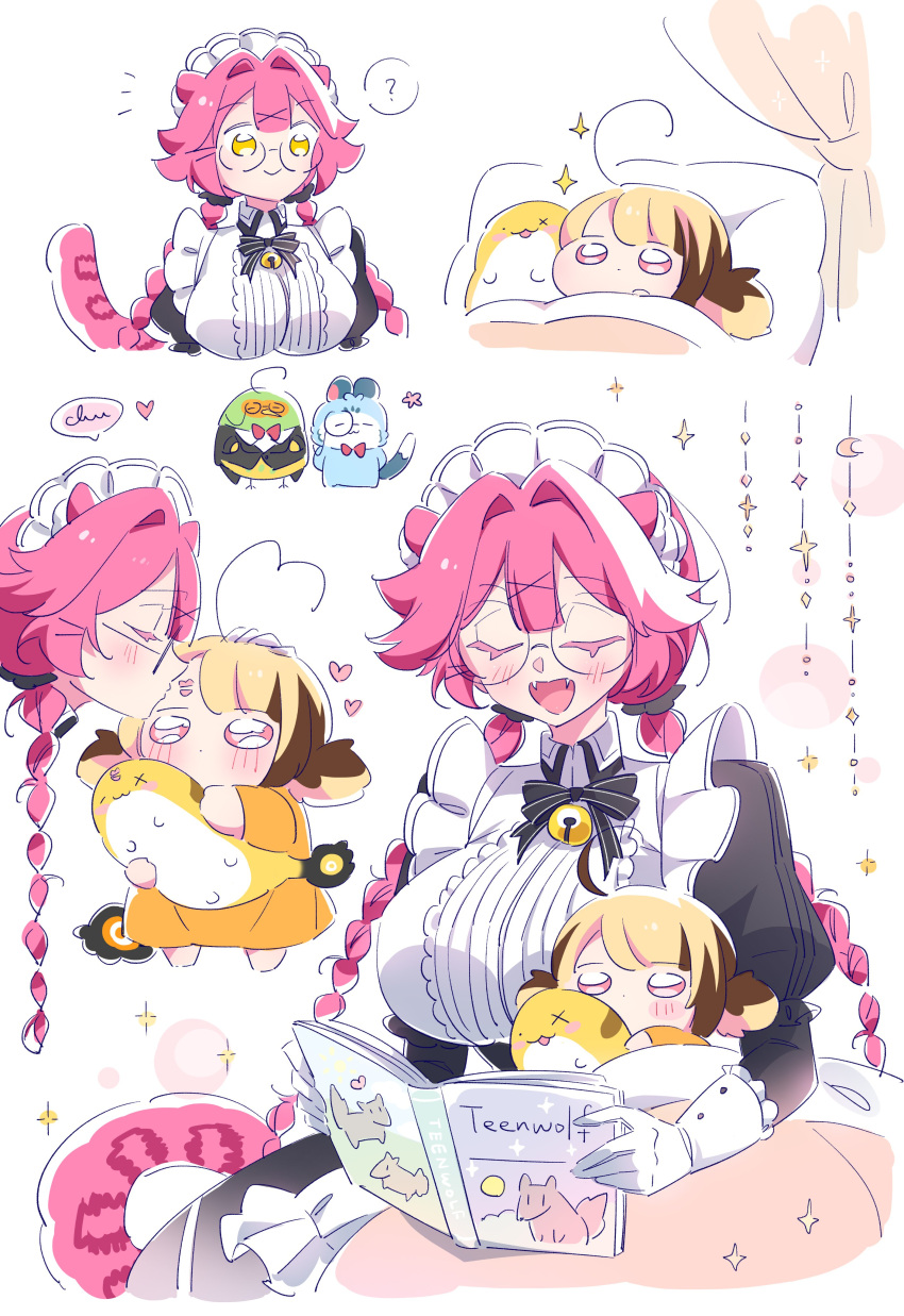 2girls, absurdres, aged_down, ahoge, alternate_costume, animal_ears, bed, book