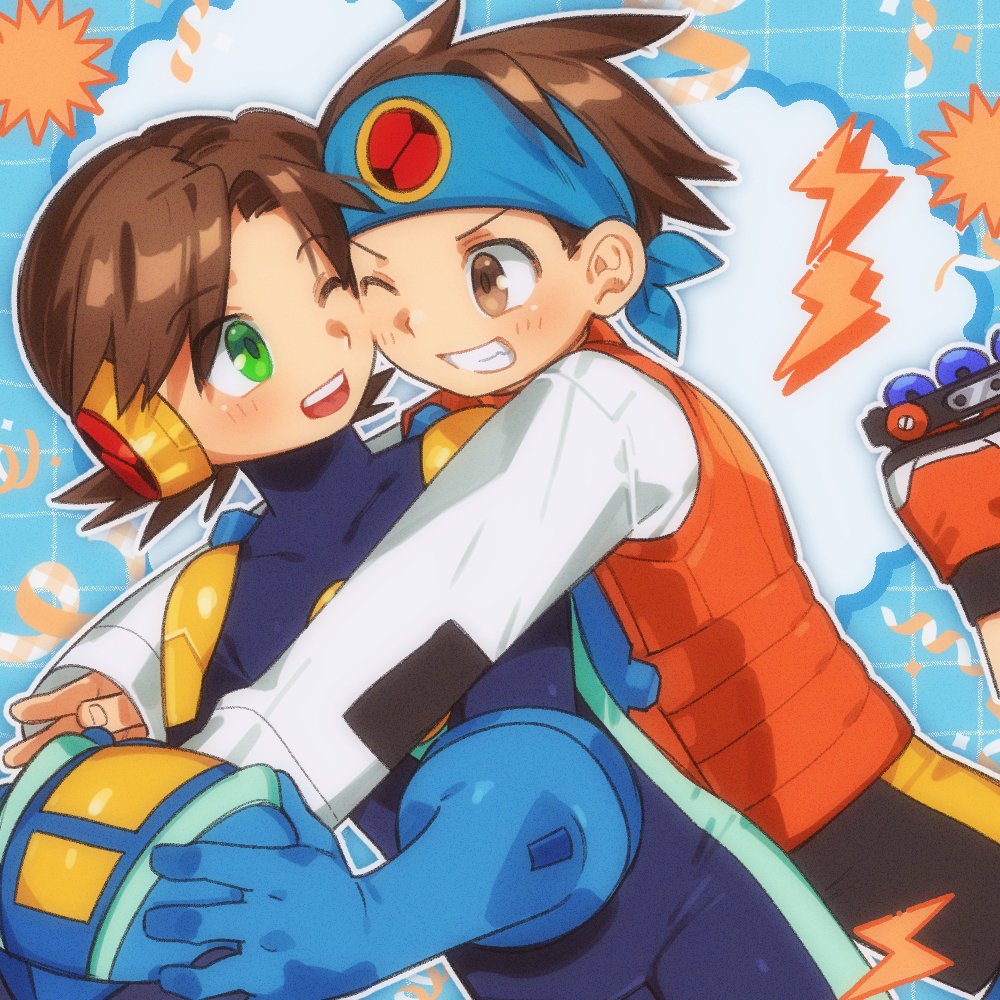 2boys, black_shorts, blue_bodysuit, blue_headband, blue_helmet, bodysuit, brothers, brown_hair, green_eyes, headband, helmet, holding, holding_helmet, hug, lan_hikari_(mega_man), male_focus, mega_man_(series), mega_man_battle_network_(series), megaman.exe, multiple_boys, one_eye_closed, orange_vest, shirt, shorts, siblings, smile, tango_dream, teeth, twins, unworn_headwear, unworn_helmet, vest, white_shirt