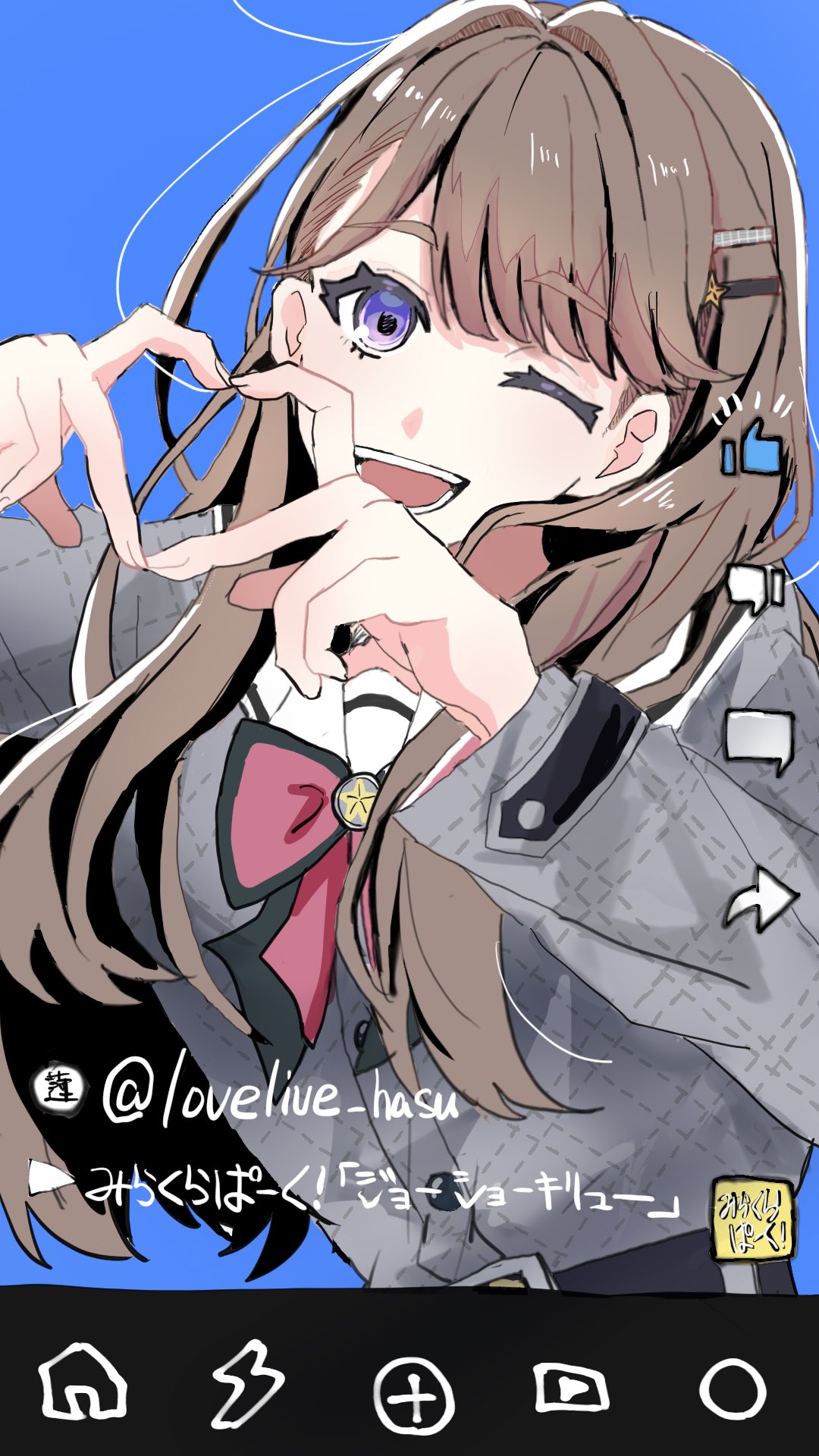 1girl, 4-finger_heart_hands, ;d, blue_background, bow, bowtie, brown_hair, commentary