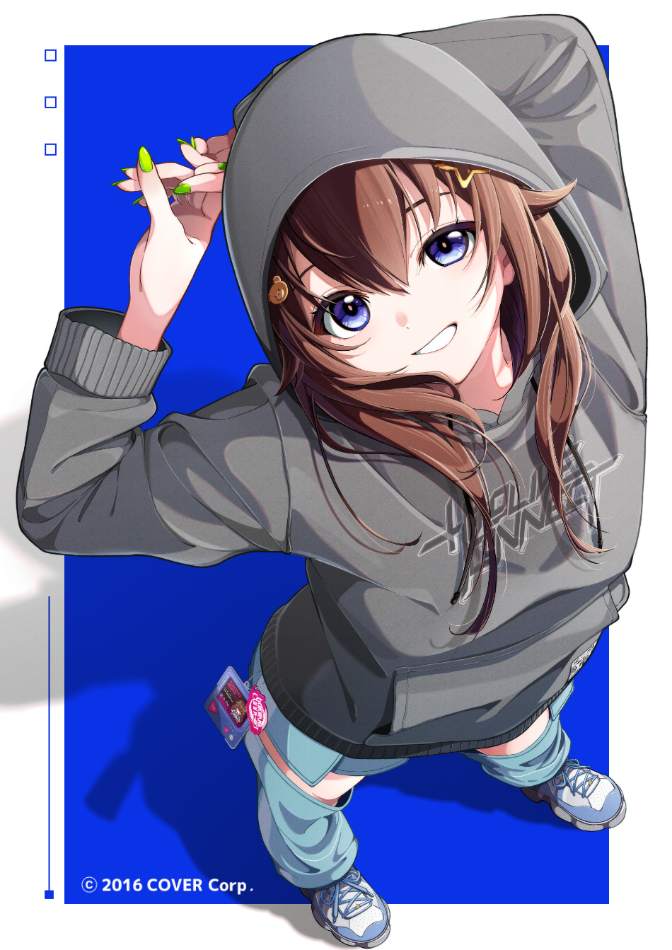 1girl, arms_behind_head, arms_up, bear_hair_ornament, blue_background, blue_eyes, blue_pants, border