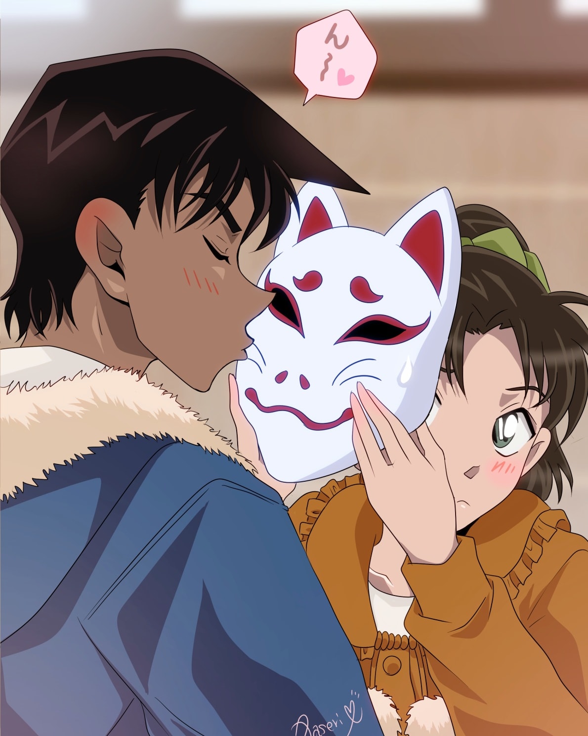 1boy, 1girl, artist_name, black_hair, blue_jacket, blush, bow, closed_eyes, couple, dark-skinned_male, dark_skin, fox_mask, fur-trimmed_hood, fur_trim, green_bow, green_eyes, hattori_heiji, highres, hood, hood_down, jacket, kiss, kissing_mask, mask, meitantei_conan, orange_jacket, paseri_(l7dgtxtsnlmfwlb), shirt, sweatdrop, tooyama_kazuha, white_shirt