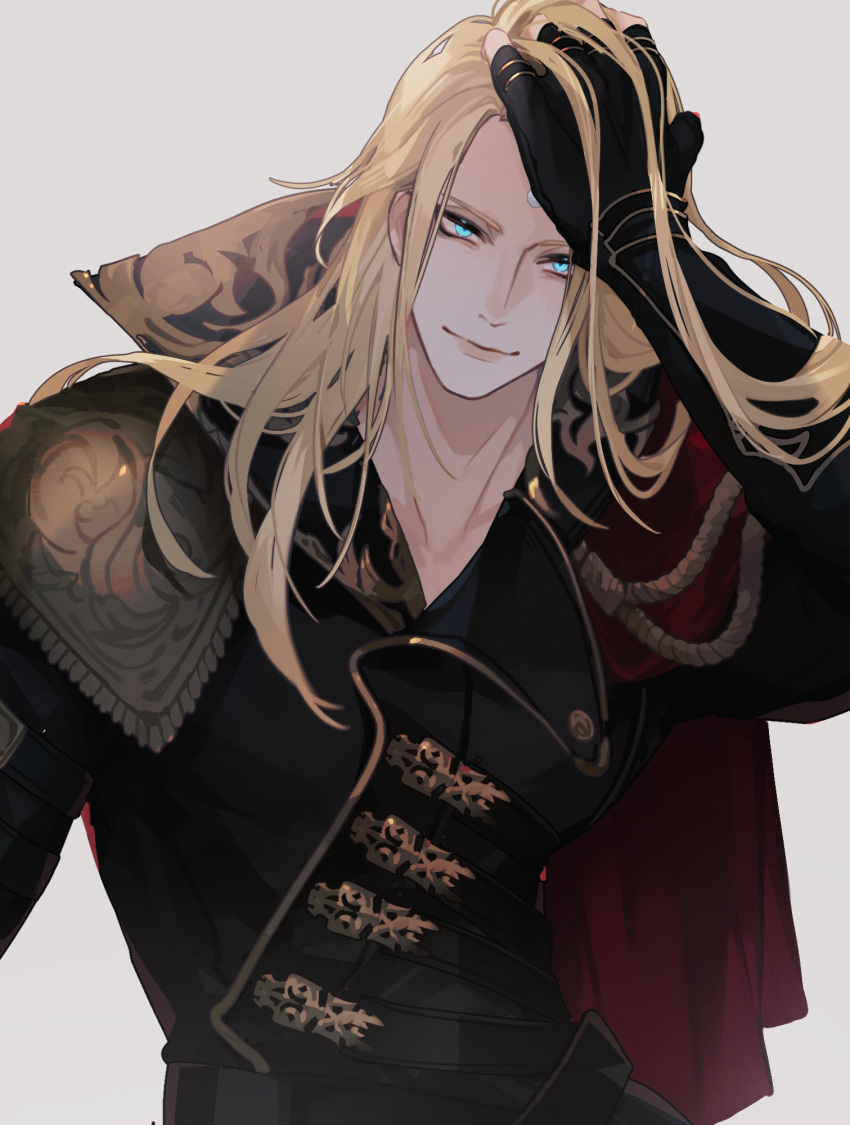 1boy, black_coat, black_gloves, blonde_hair, blue_eyes, cape, chinese_commentary, closed_mouth