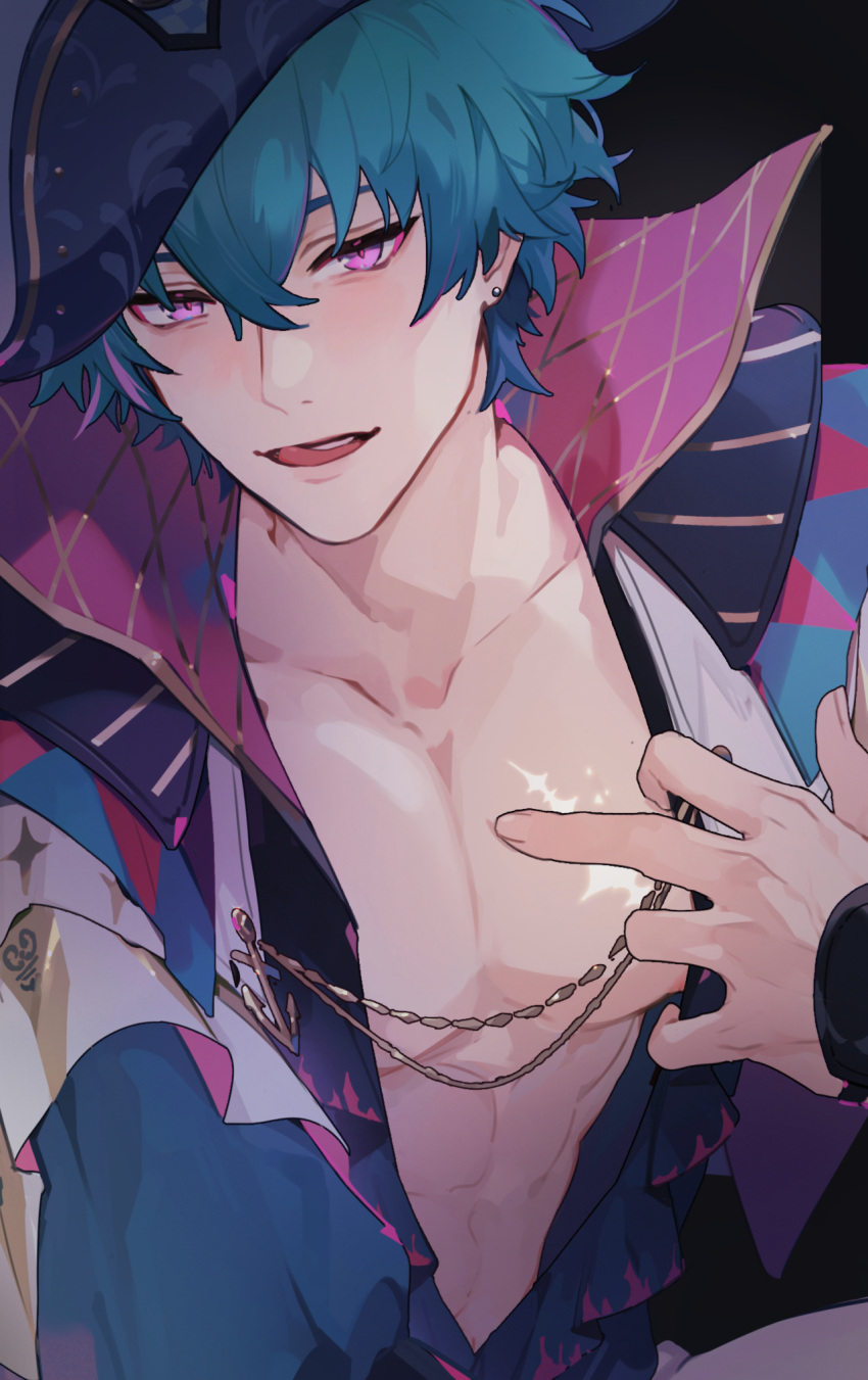 1boy, abs, arm_up, bare_pectorals, black_border, blue_hair, border, brant_(wuthering_waves)