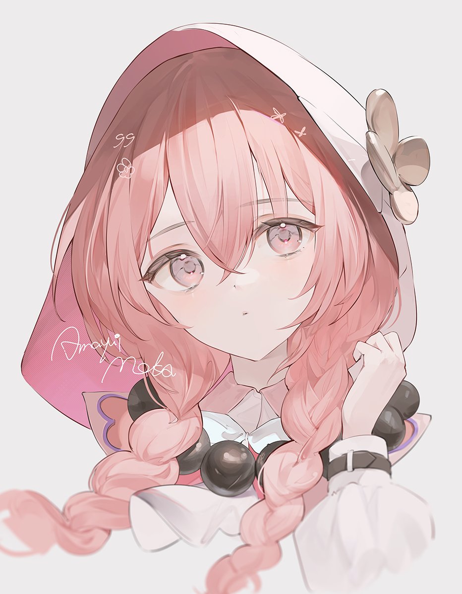 1girl, amayui_moka, bead_necklace, beads, braid, brown_hair, double-parted_bangs, flower_ornament