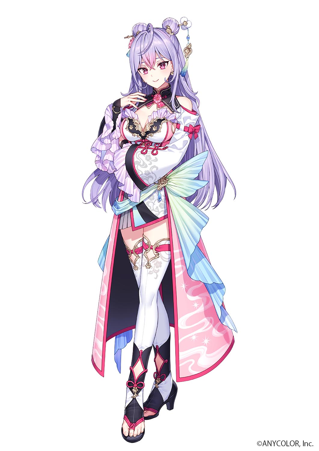 1girl, ahoge, arm_under_breasts, bare_shoulders, breasts, chinese_clothes, cleavage_cutout, clothing_cutout, copyright_name, crossed_legs, double_bun, dress, earrings, floral_print, frilled_dress, frilled_sleeves, frills, full_body, hair_between_eyes, hair_bun, hair_ornament, hand_up, high_heels, highres, jewelry, kanzashi, kozue_mone, layered_dress, long_hair, long_sleeves, medium_breasts, nardack, nijisanji, official_art, pink_dress, pink_eyes, pink_ribbon, purple_hair, ribbon, signature, simple_background, sleeves_past_wrists, smile, solo, tachi-e, thigh-highs, toeless_footwear, virtual_youtuber, watson_cross, white_background, white_dress, white_thighhighs