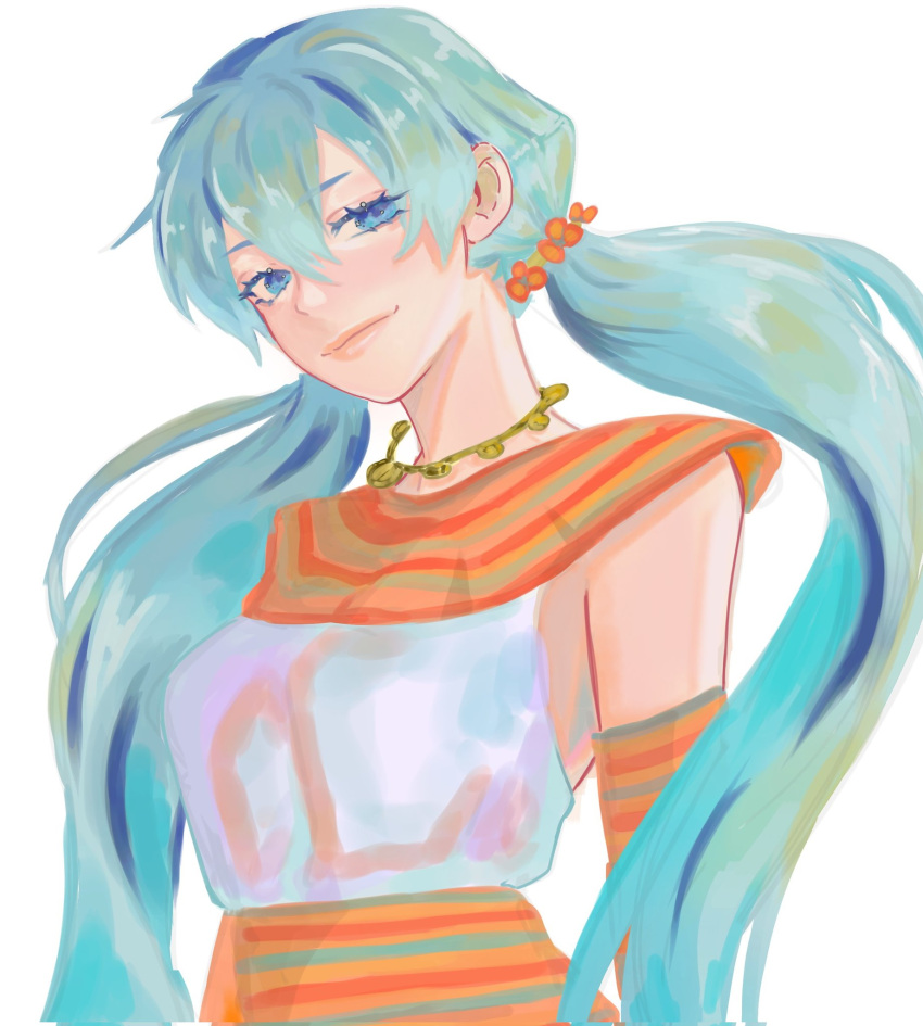 1girl, alternate_costume, amazigh_clothes, aqua_eyes, aqua_hair, closed_mouth, english_commentary, hair_between_eyes, hatsune_miku, head_tilt, highres, jewelry, long_hair, looking_at_viewer, necklace, ryou_0wl, sidelocks, simple_background, solo, twintails, upper_body, vocaloid, white_background