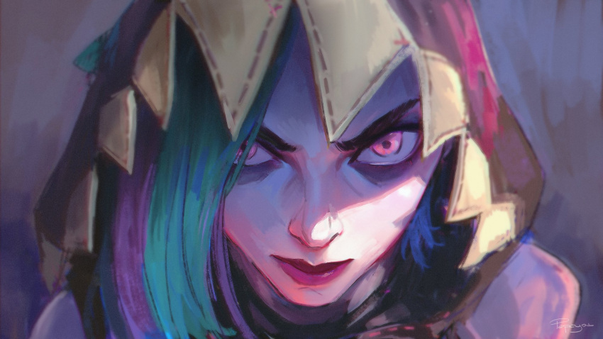 1girl, arcane:_league_of_legends, art_of_papayou, artist_name, asymmetrical_bangs, bare_shoulders, blue_hair, closed_mouth
