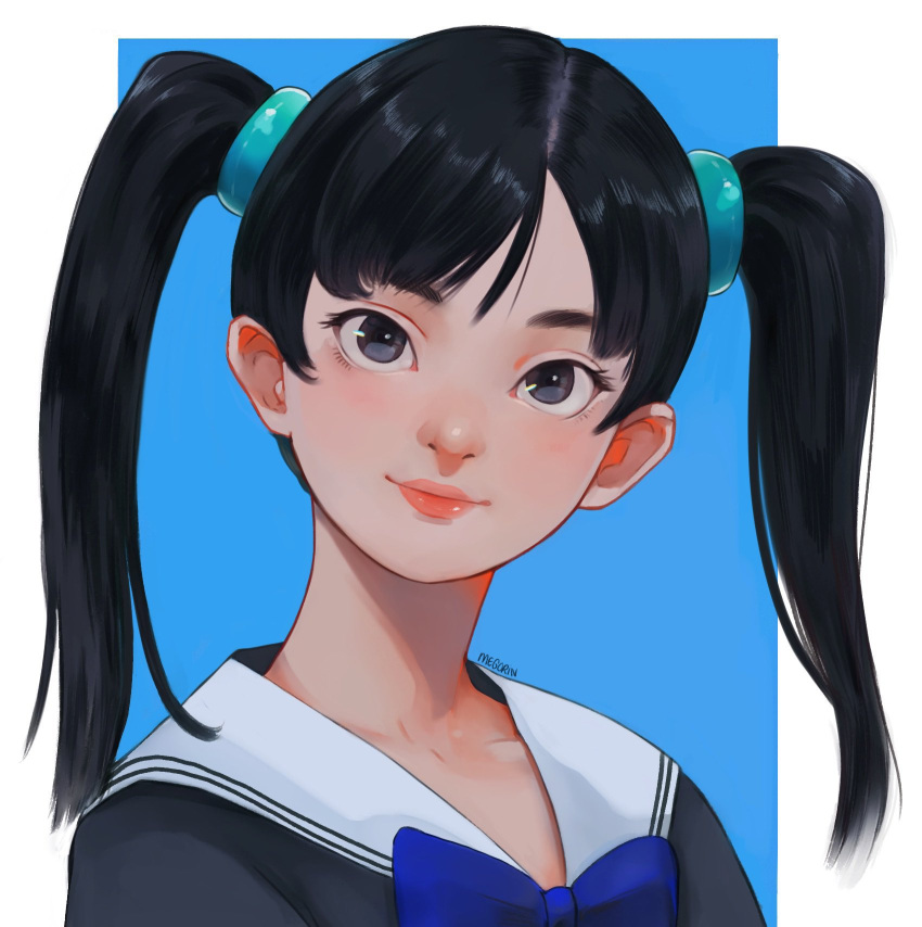 1girl, artist_name, black_eyes, black_hair, blue_background, blue_neckerchief, closed_mouth, english_commentary