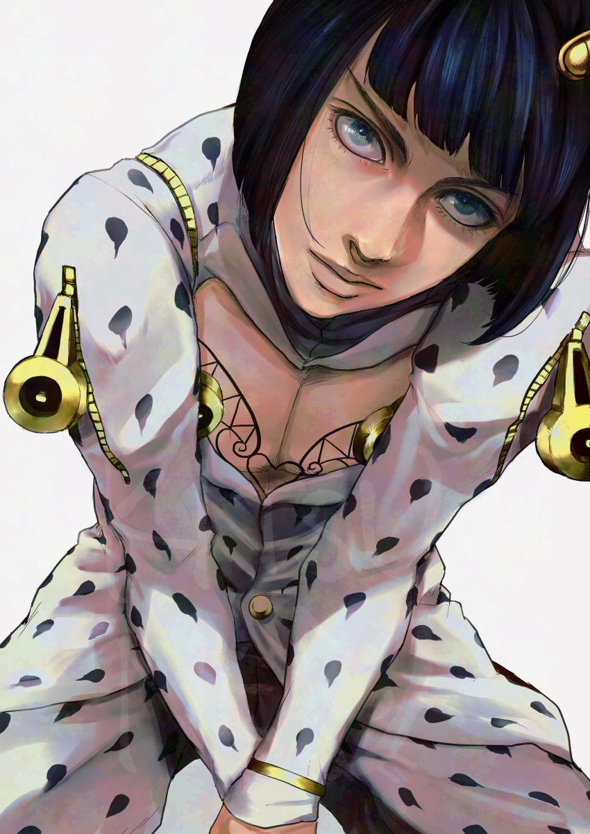 1boy, absurdres, black_hair, blue_eyes, blunt_bangs, bob_cut, bruno_bucciarati, hair_ornament