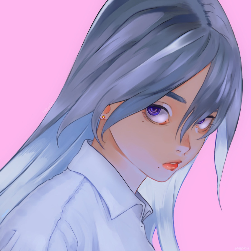 1girl, blue_eyes, earrings, english_commentary, expressionless, grey_hair, highres, jewelry