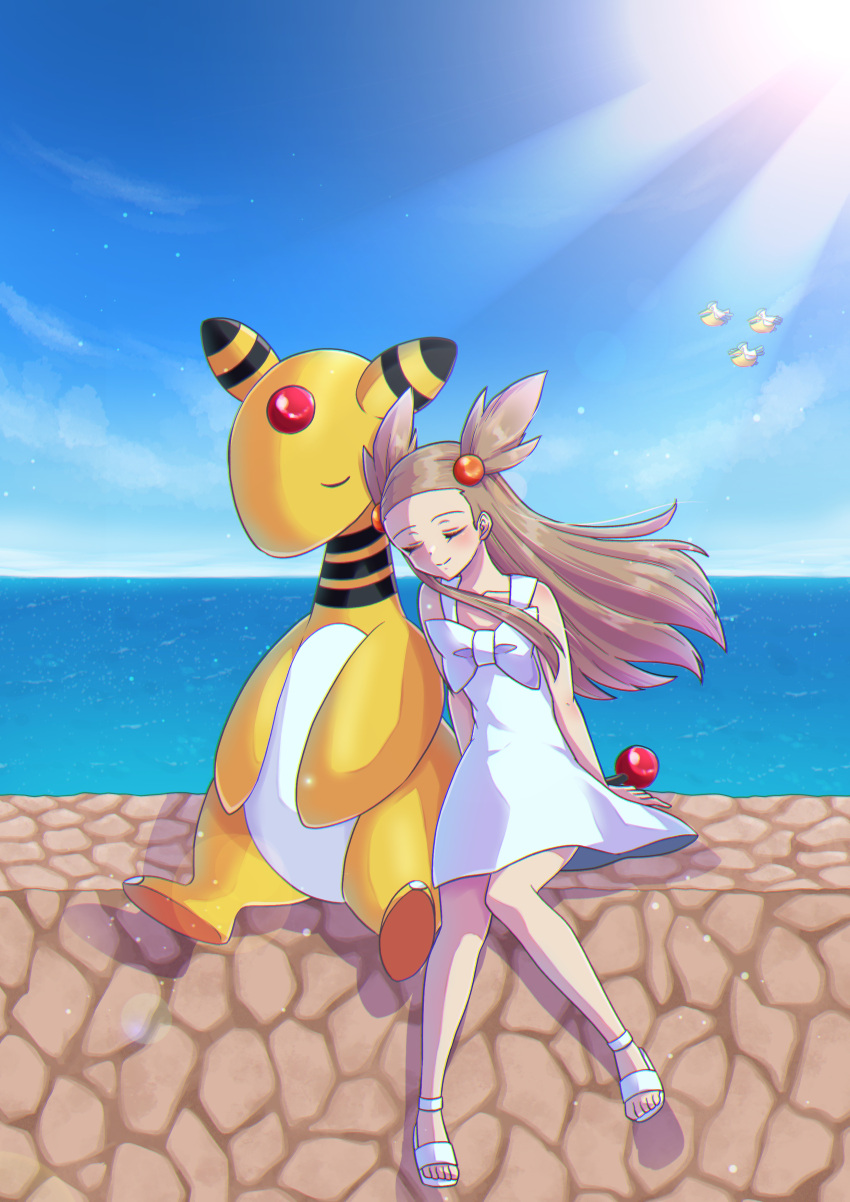 1girl, absurdres, ampharos, brown_hair, closed_eyes, closed_mouth, day, dress, forehead_jewel, hair_ornament, highres, jasmine_(pokemon), koume_paint, long_hair, ocean, outdoors, pelipper, pokemon, pokemon_(creature), pokemon_gsc, sandals, shadow, sitting, smile, sunset, water, white_dress