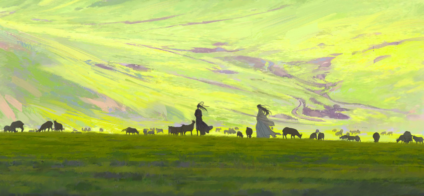 2boys, black_hair, black_hanfu, chinese_clothes, chinese_commentary, field, goat, grass, hair_bun, hair_ribbon, hanfu, headband, high_ponytail, highres, hill, lan_wangji, long_hair, long_sleeves, modao_zushi, multiple_boys, outdoors, red_ribbon, ribbon, wei_wuxian, white_hanfu, white_headband, wide_sleeves, wind, wind_lift, yaclittn