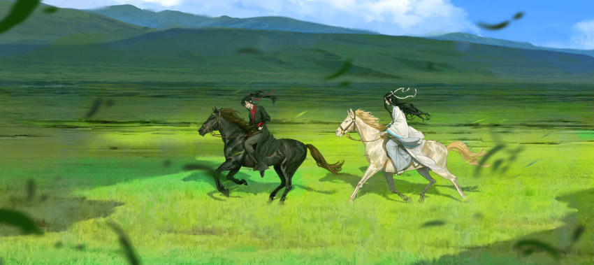 2boys, absurdres, black_eyes, black_hair, black_hanfu, black_pants, blurry, bridle