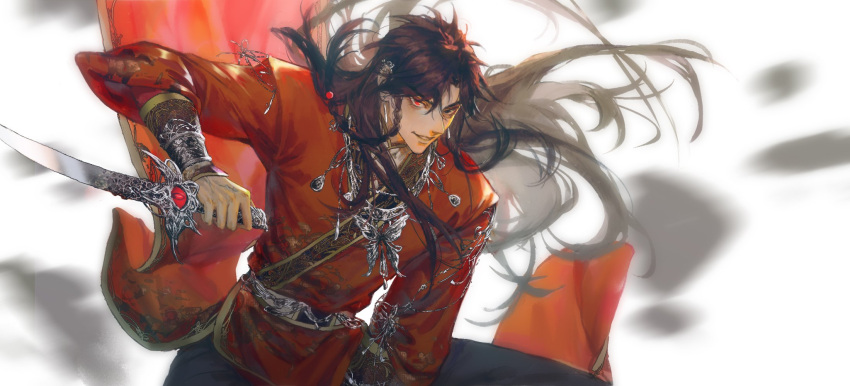 1boy, beads, black_eyes, black_hair, black_pants, bracer, braid, chinese_clothes
