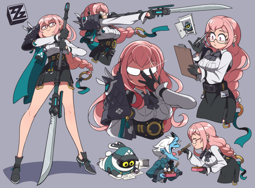 2girls, bangboo_(zenless_zone_zero), bigggbrick, black-framed_eyewear, black_gloves, black_skirt, blue_horns, blue_oni