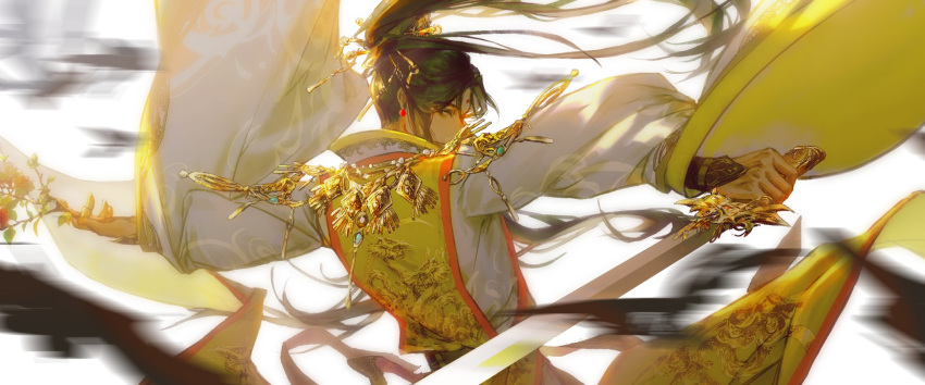 1boy, bindi, black_hair, brown_eyes, chinese_clothes, chinese_commentary, dragon_print, earrings