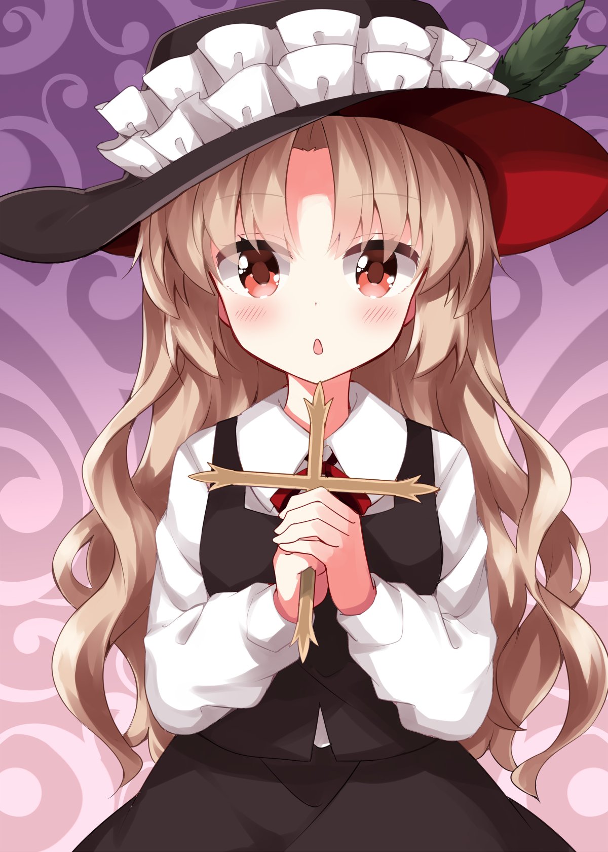 1girl, :o, black_hat, black_skirt, black_vest, blonde_hair, blush, commentary_request