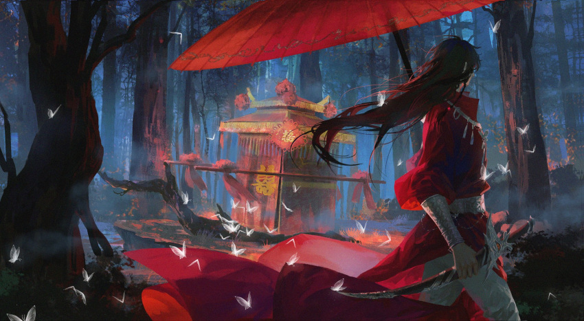 1boy, black_hair, bracer, braid, branch, bug, bush, butterfly, chinese_clothes, cowboy_shot, fog, forest, hanfu, highres, holding, holding_sword, holding_umbrella, holding_weapon, hua_cheng, jewelry, litter_(vehicle), long_hair, male_focus, nature, necklace, oil-paper_umbrella, outdoors, pants, red_hanfu, red_ribbon, red_umbrella, ribbon, scimitar, silver_necklace, solo, standing, sword, tianguan_cifu, tree, umbrella, weapon, white_pants, yaclittn
